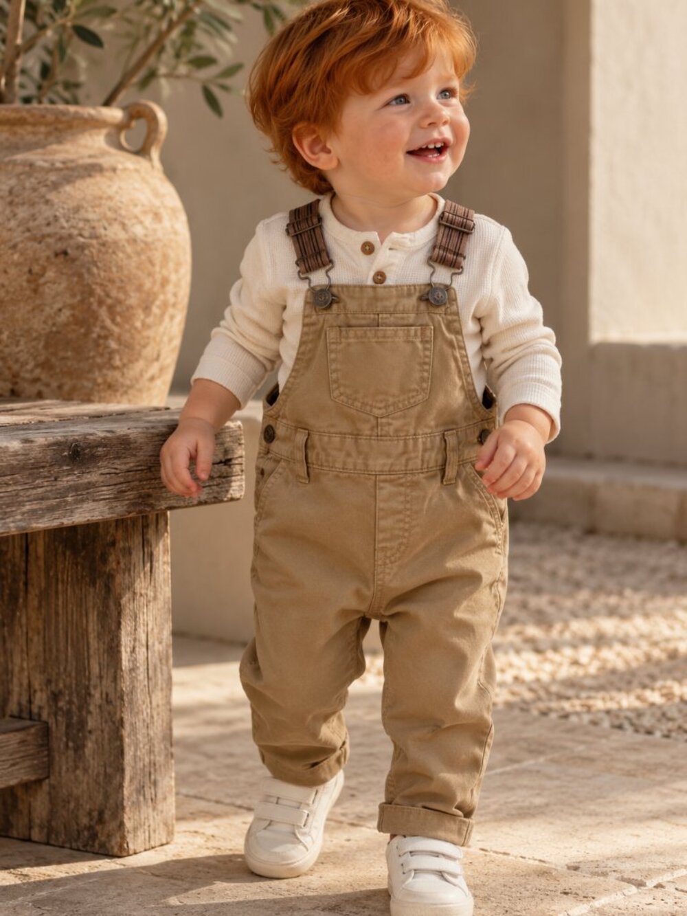Joe Fresh Baby Khaki Overalls 6-12M Cotton Suspender Dungarees Vintage Style